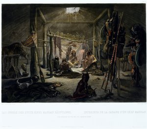 Wnętrze chaty wodza mandanów, rytowane przez Narcisse Edmond Desmadryl (ur. 1801) ok. 1835 (rycina z akwatintą) autorstwa Karl after Bodmer
