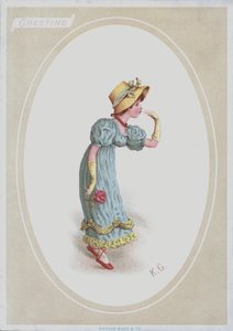 Dziewczyna w niebieskiej sukience, ze słomkowym czepkiem, trzymająca różę (kolor litho) autorstwa Kate (after) Greenaway