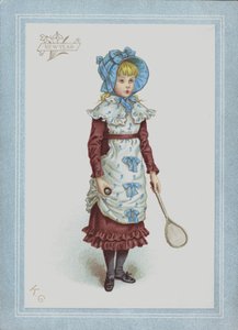 Dziewczyna w sukience i czepku, trzymająca lotkę i rakietę (kolor lito) autorstwa Kate (after) Greenaway