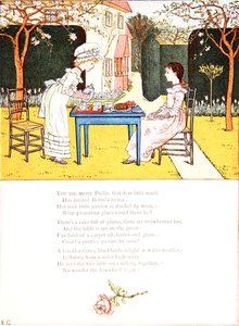 Herbatka dla dzieci, ilustracja do wiersza z „Pod oknem”, ok. 1900 (kolor lito) autorstwa Kate Greenaway