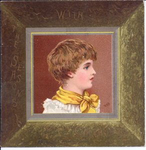 Wiktoriańska kartka noworoczna przedstawiająca dziewczynę w stroju regencji w niebieskiej czapce, ok. 1880 r autorstwa Kate Greenaway