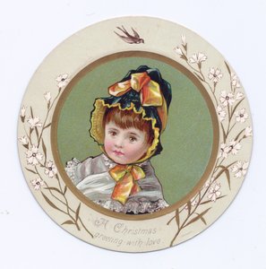 Wiktoriańska karta okolicznościowa z chłopcem z ramieniem wokół dziewczyny patrząc na książkę, c.1880 autorstwa Kate Greenaway