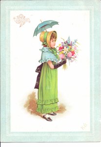 Wiktoriańska kartka okolicznościowa z tańczącymi dziećmi w fantazyjnych strojach, ok. 1880 r.