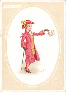 Wiktoriańska karta okolicznościowa z dziećmi siedzącymi przy stole obiadowym, podczas gdy jedno z nich przebrane za kucharza ostrzy nóż do rzeźbienia, ok. 1880 autorstwa Kate Greenaway