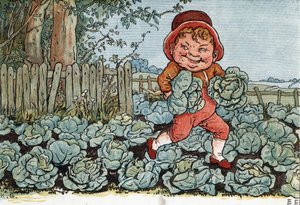 Krasnal kradnie kapustę z ogródka warzywnego. (Goblin kradnący kapustę). Ilustracja Kate Greenaway (1846-1901) z tomu bajek i wierszyków dla dzieci „Pod oknem” (1879), pod redakcją Edmunda Evansa.