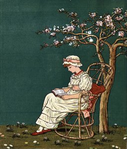 Mała dziewczynka czytająca pod bzem. Ilustracja Kate Greenaway (1846-1901) z tomu bajek i wierszyków dla dzieci „Pod oknem” (1879), pod redakcją Edmunda Evansa.