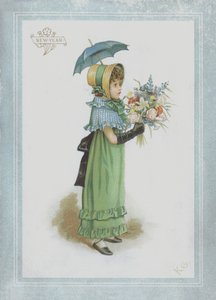 Dziewczyna w zielonej sukience, trzymająca parasolkę i bukiet kwiatów autorstwa Kate Greenaway