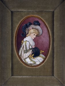 Owalny portret blondynki w kapeluszu z pióropuszem, z rękami w mufce autorstwa Kate Greenaway