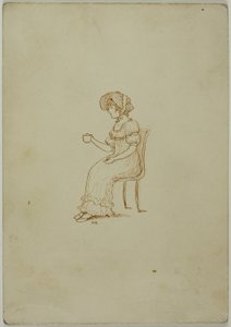 Siedząca dziewczyna trzymająca filiżankę herbaty autorstwa Kate Greenaway