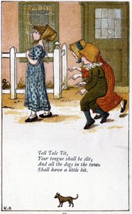 Opowieść sikorki/ Twój język zostanie rozcięty: Ilustracja autorstwa Kate Greenaway (1846-1901) do książki z rymowankami dla dzieci. Chromolitografia autorstwa Kate Greenaway