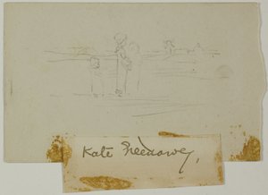 Trzy postacie w krajobrazie z wiatrakiem autorstwa Kate Greenaway