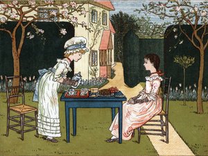 Pora dnia: dwie młode dziewczyny próbują go w ogrodzie. Ilustracja Kate Greenaway (1846-1901) z tomu bajek i wierszyków dla dzieci „Pod oknem” (1879), pod redakcją Edmunda Evansa. autorstwa Kate Greenaway