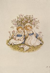 Dwie dziewczyny z lalkami siedzące pod krzewem róży, XIX w. autorstwa Kate Greenaway
