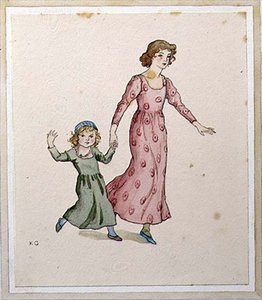 Dwie małe dziewczynki w wieczorowych sukienkach (akwarela na papierze) autorstwa Kate Greenaway