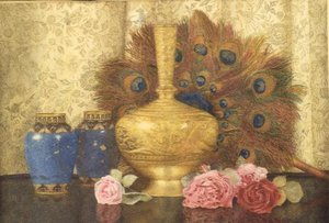 Wschodnie prezenty: wazon Cloisonne, pawie pióra, róże damasceńskie i waza indyjska autorstwa Kate Hayllar