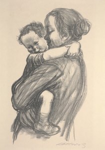 Chłopiec z ramionami wokół szyi mamy autorstwa Käthe Kollwitz