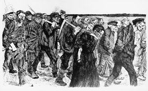 Demonstracja robotników, ilustracja Kathe Kollwitz (1867-1945) do opery Die Weber (Tkacze) autorstwa Käthe Kollwitz