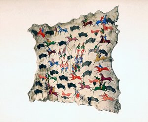 Skóra łosia z północnoamerykańskiego Indianina Shoshone, przedstawiająca polowanie na bizony, XX wiek autorstwa Katsikodi