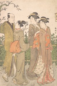 Grupa trzech kobiet w towarzystwie służącego, 1780-1795. autorstwa Katsukawa Shuncho