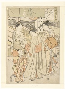 Ciesz się wieczorną bryzą nad rzeką w Shijo w Kioto. Kyo Shijogawara yusuzumi (tytuł na obiekcie) autorstwa Katsukawa Shuncho