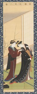 Wnętrze: kobieta pomagająca dziewczynie się ubrać, okres Edo, 1726-1792.