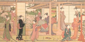 Otwarcie rezydencji na ogród, ca. 1786. autorstwa Katsukawa Shuncho