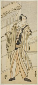 Aktor Ichikawa Ebizo (Danjuro V) jako Banzui Chobei w sztuce "Gozen-gakari Sumo Soga" wystawionej w teatrze Kawarazaki w drugim miesiącu 1793 r. autorstwa Katsukawa Shun