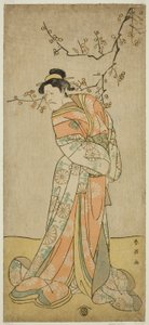 Aktor Ichikawa Ebizo (Danjuro V) jako dama oczekująca Iwafuji w sztuce Gozen-gakari Sumo Soga, wystawionej w teatrze Kawarazaki w pierwszym miesiącu 1793 roku () autorstwa Katsukawa Shun