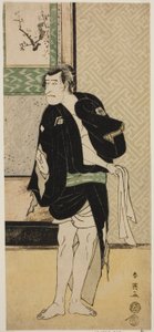 Aktor Ichikawa Komazo II jako Soga no Dozaburo w przebraniu zbója Tobei () w sztuce Haru no Nishi Date-zome Soga (), wystawionej w teatrze Nakamura () w pierwszym miesiącu 1790 roku () autorstwa Katsukawa Shunei