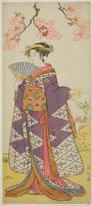 Aktor Ichikawa Komazo II jako duch Lady Shiragiku w sztuce "Hatsu Midori Saiwai Soga" wystawionej w teatrze Kawarazaki w trzecim miesiącu 1791 r. autorstwa Katsukawa Shun