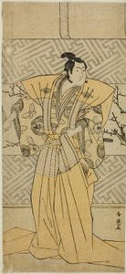 Aktor Iwai Hanshiro IV jako Soga no Goro Tokimune w sztuce Koi no Yosuga Kanegaki Soga, wystawionej w teatrze Ichimura w pierwszym miesiącu 1789 r. autorstwa Katsukawa Shun