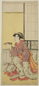 Aktor Iwai Hanshiro IV jako Yae () w sztuce Sugawara Denju Tenarai Kagami (), wystawionej w teatrze Kiri () w siódmym miesiącu 1788 roku () autorstwa Katsukawa Shun