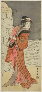 Aktor Iwai Hanshiro IV jako Yaegushi no Oroku () w sztuce Keisei Kogane no Hakarime (), wystawianej w teatrze Kawarazaki () w trzecim miesiącu 1792 roku () autorstwa Katsukawa Shun
