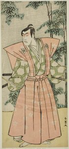 Aktor Matsumoto Koshiro IV jako Hatakeyama Shigetada w przebraniu Honjo Soheiji () w sztuce Edo no Fuji Wakayagi Soga (), wystawionej w teatrze Nakamura () w pierwszym miesiącu 1789 roku () autorstwa Katsukawa Shun