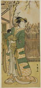 Aktor Nakayama Tomisaburo I jako Lady Tokiwa (Tokiwa Gozen) () w sztuce Kimmenuki Genke no Kakutsuba (), wystawianej w teatrze Ichimura () w jedenastym miesiącu 1791 roku () autorstwa Katsukawa Shun