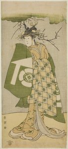 Aktor Osagawa Tsuneyo II jako Oiso no Tora w sztuce Gohiiki no Hana Aikyo Soga, wystawionej w teatrze Kawarazaki w pierwszym miesiącu 1794 r. autorstwa Katsukawa Shun