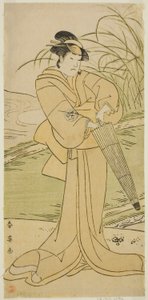 Aktor Yamashita Kinsaku II jako Okaya w sztuce Yomogi Fuku Noki no Tamamizu, wystawionej w teatrze Kiri w piątym miesiącu 1795 r. autorstwa Katsukawa Shun