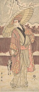 Czwarty Matsumoto Koshiro jako człowiek idący pod parasolem, ca. 1796. autorstwa Katsukawa Shun