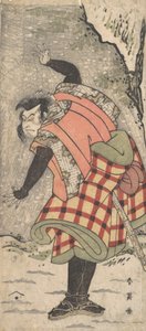 Niezidentyfikowany aktor jako Kyokaku stojący u stóp klifu podczas burzy śnieżnej, ca. 1793. autorstwa Katsukawa Shun