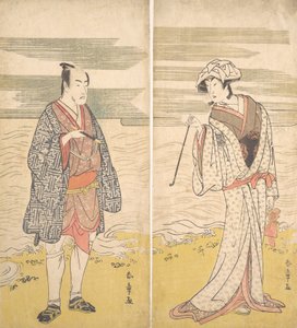 Dwóch aktorów: Czwarty Matsumoto Koshiro jako mężczyzna ubrany w krótkie kimono [po lewej], 1779.