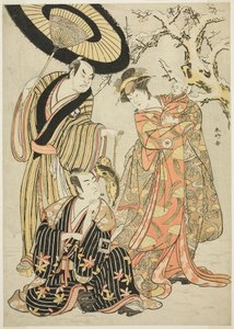 Aktorzy Iwai Hanshirô IV, Ichikawa Monnosuke II i Sakata Hangorô III w filmie "Płatki śniegu: Podnoszenie standardów w Izu" ("Mutsu no Hana Izu no Hataage") autorstwa Katsukawa Shunkо̄