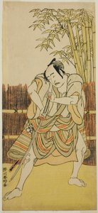 Aktor Bando Mitsugoro I jako Ogata no Saburo w przebraniu Yoroya Takiemon w sztuce Mure Takamatsu Yuki no Shirahata, wystawionej w teatrze Ichimura w jedenastym miesiącu 1780 r.