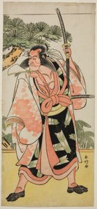 Aktor Ichikawa Danjuro V jako Kajiwara Genta Kagesue w sztuce Yuki Nazuna Saiwai Soga, wystawionej w teatrze Kiri w pierwszym miesiącu 1787 r. autorstwa Katsukawa Shunkо̄