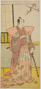 Aktor Ichikawa Omezo I jako Koyurugi Motomenosuke () w sztuce Haru no Nishiki Date-zome Soga (), wystawionej w teatrze Nakamura () w pierwszym miesiącu 1790 r. () autorstwa Katsukawa Shunkо̄