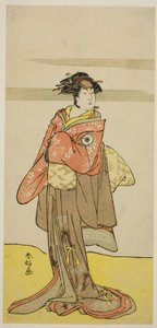 Aktor Iwai Hanshiro IV jako Hitomaru przebrany za gejszę Oshun w sztuce Edo no Hana Mimasu Soga, wystawionej w teatrze Nakamura w trzecim miesiącu 1783 roku autorstwa Katsukawa Shunkо̄