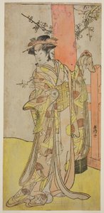 Aktor Iwai Hanshiro IV jako Kitsune ga Saki Otama () w sztuce Miyakodori Yayoi no Watashi (), wystawionej w teatrze Kiri () w trzecim miesiącu 1787 roku ()