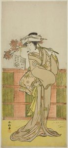 Aktor Iwai Hanshiro IV jako Umegae przebrany za wróżbitkę Omatsu w sztuce Mukashi Otoko Yuki no Hinagata, wystawionej w teatrze Ichimura w jedenastym miesiącu 1781 r. autorstwa Katsukawa Shunkо̄