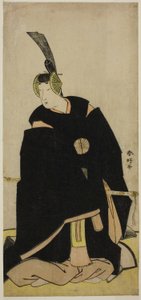 Aktor Nakamura Tomijuro I jako Taira no Masakado w przebraniu Otomo no Kuronushi () lub Sugawara Micihizane () w sztuce Shida Yuzuriha Horai Soga () lub Sugawara Denju Tenarai Kagami (), wystawianej w teatrze Morita () w pierwszym lub piątym miesiącu wojny autorstwa Katsukawa Shunkо̄
