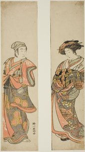 Aktor Nakamura Tomijuro I jako kurtyzana (po prawej) i Sawamura Sojuro III jako Oyamada Taro () w przebraniu Tarosaku z wioski Oyamada (po lewej) w sztuce "Azuma no Mori Sakae Kusunoki" wystawianej w teatrze Ichimura w jedenastym miesiącu 1779 r.
