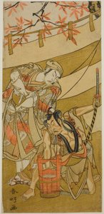 Aktorzy Ichikawa Raizo II jako Kojiro Masahira (po prawej) i Ichikawa Danzo IV jako Doi no Yataro (po lewej) w sztuce Kaomise Ama no Iwato wystawianej w teatrze Nakamura w jedenastym miesiącu 1774 r. autorstwa Katsukawa Shunkо̄